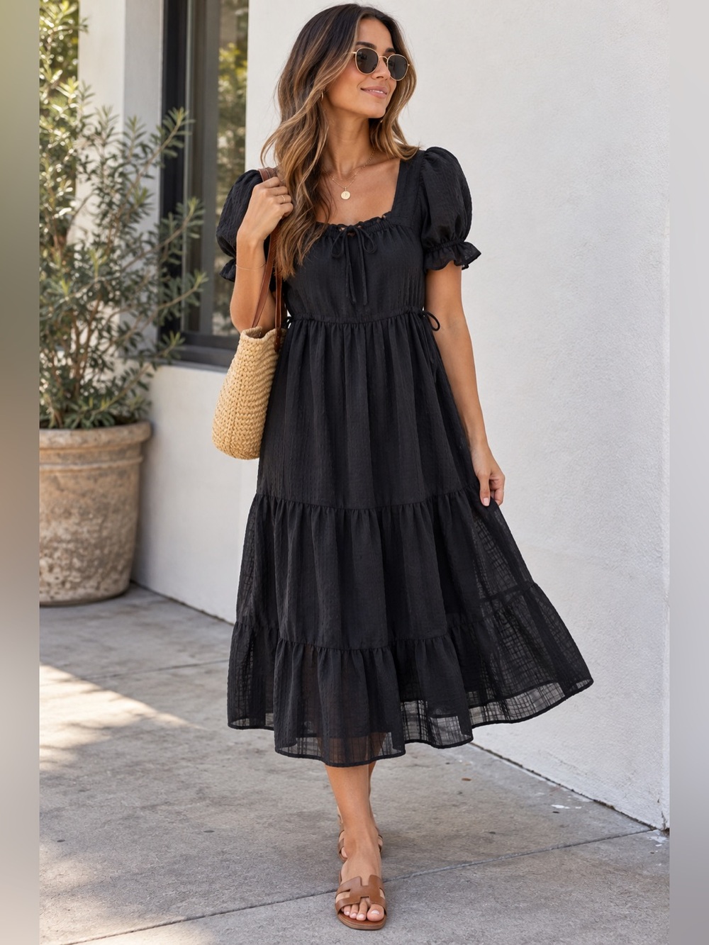 Madewell Square Neck Tiered Midi Dress in Textured Seersucker